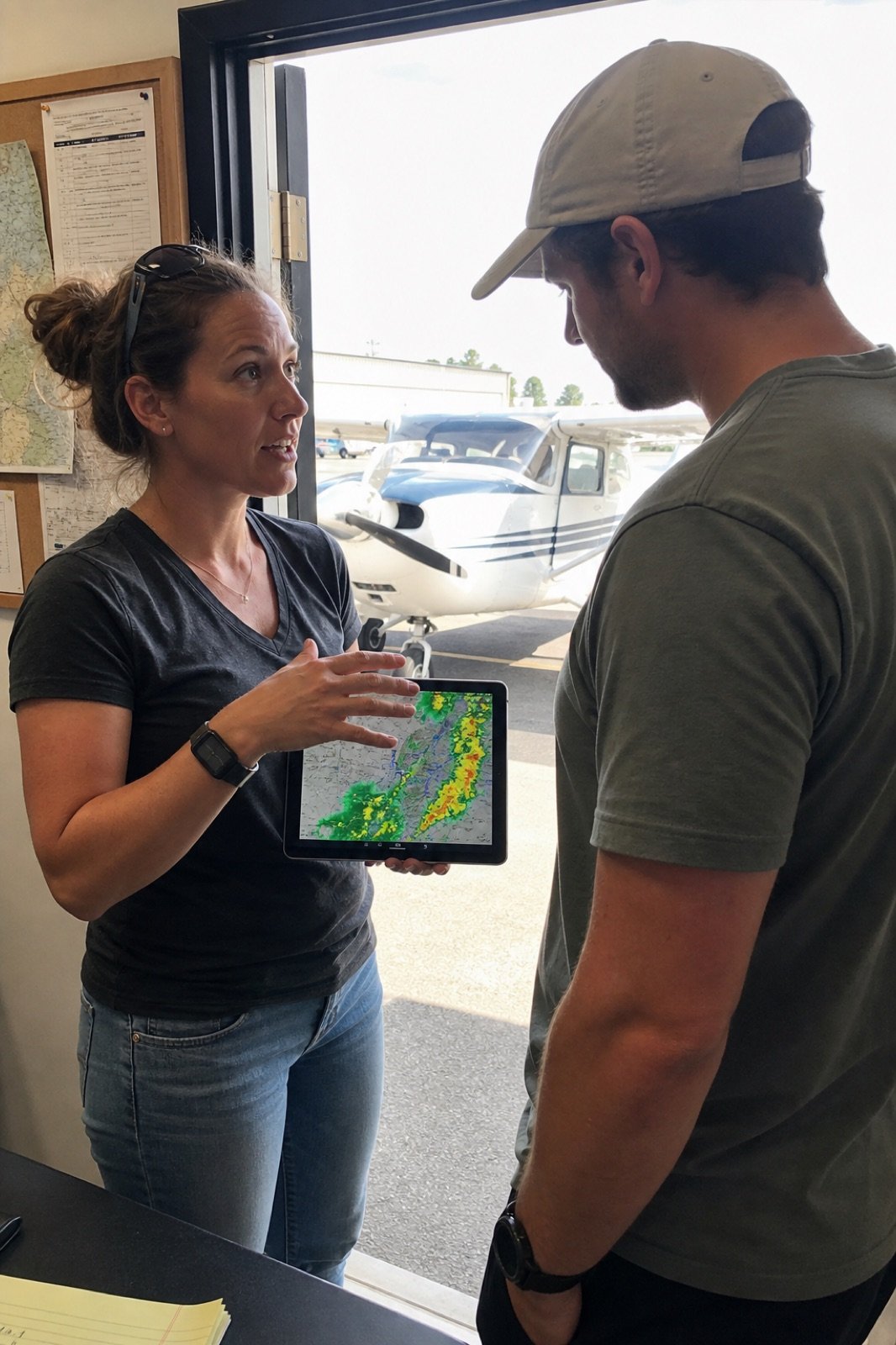 Illustrative image: an instructor showing a student a weather briefing on a tablet