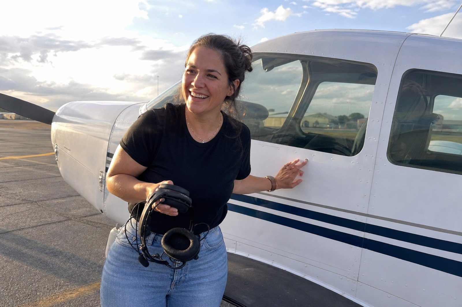 Illustrative image: a smiling student beside a training aircraft after a first flight